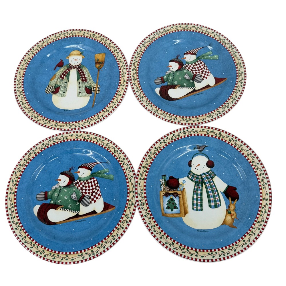 Sakura Debbie Mumm Jolly Snowmen 4 Salad Plates Blue Winter Stoneware 8 Inch